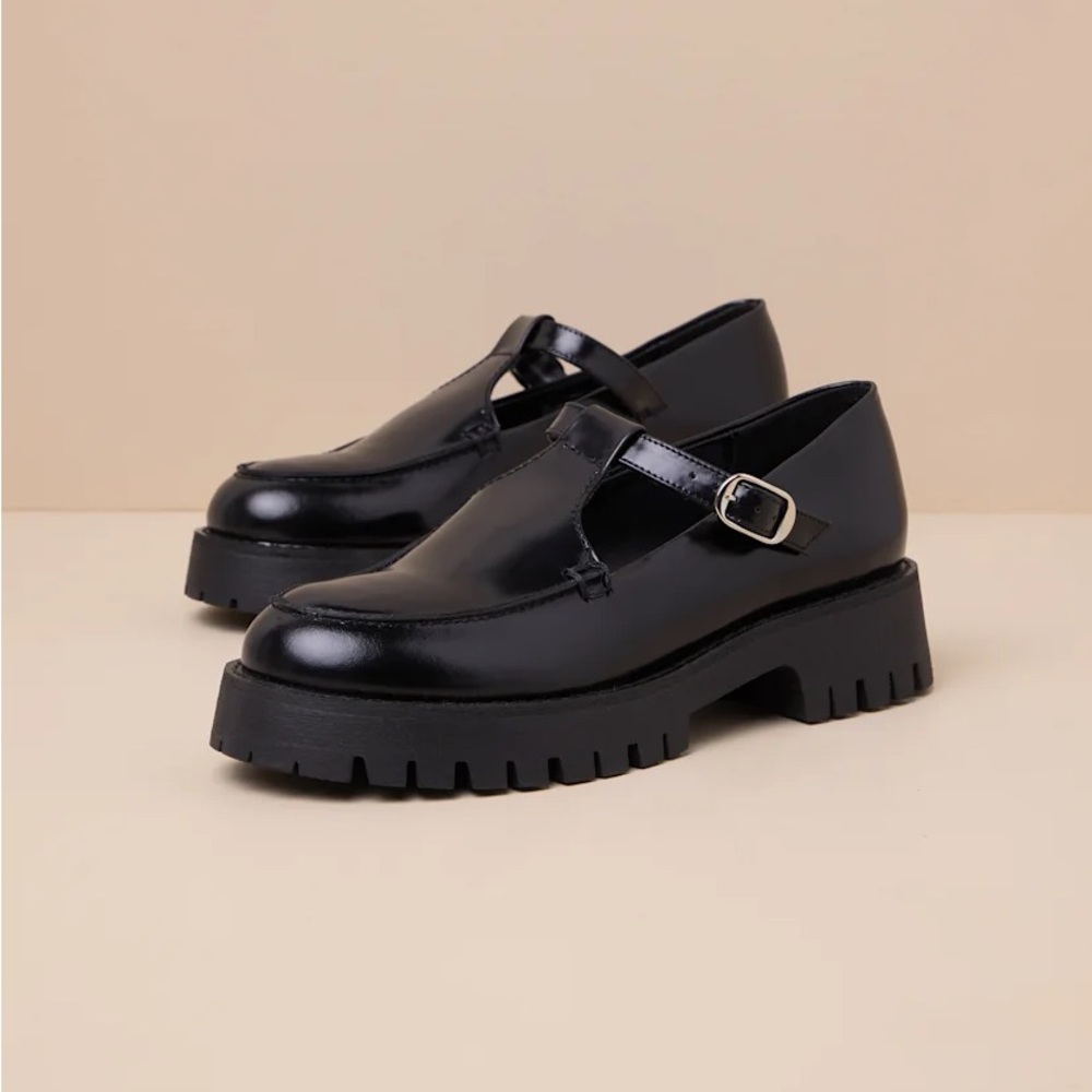 Leona Black Leather T-Strap Loafers